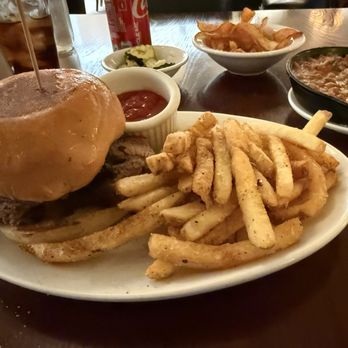 Chicago q - Brisket Sandwich, fries, and beans. - Barbeque Near Me - Chicago, Illinois
