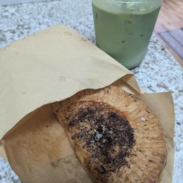 Spinach goat cheese hand pie and iced matcha