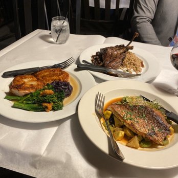 Gatsby's Landing - (Left) brick chicken, (right) red snapper, (top) lamb - New American Near Me - Roslyn, New York