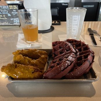 Gold Feather - red velvet waffle, honey badger tossed tenders - Beer Bar Near Me - San Antonio, Texas