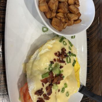 Another Broken Egg Cafe - Bacon & Grilled Tomato Benedict (with over hard eggs) - Breakfast & Brunch Near Me - Destin, Florida