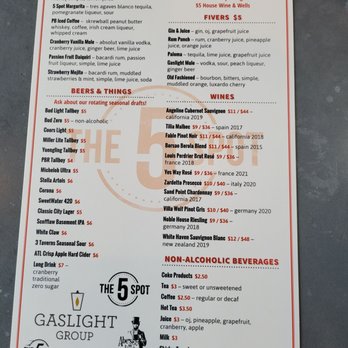 The 5 Spot - Reverse side of menu showing drinks. - American Near Me - Savannah, Georgia