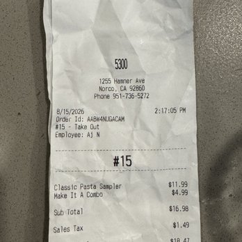 Fazoli’s - Receipt showing I ordered an entree with a side (side salad) - Italian Near Me - Norco, California Fazoli’s - Receipt showing I ordered an entree with a side (side salad) - Italian Near Me - Norco, California