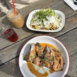 The Shop Brunch - The Frenchie with Chicken, Chilaquiles, Hibiscus Mimosa and Horchata Latte.