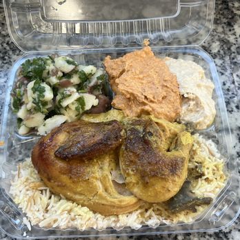 Jerusalem Chicken - Lemon and Garlic Chicken with Rice, Spicy Hummus and Regular Hummus 1/2 of each, potato salad and a pita $19.99 - Mediterranean Near Me - Los Angeles, California Jerusalem Chicken - Lemon and Garlic Chicken with Rice, Spicy Hummus and Regular Hummus 1/2 of each, potato salad and a pita $19.99 - Mediterranean Near Me - Los Angeles, California