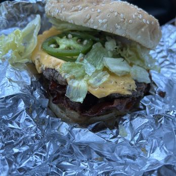 Five Guys - Little Bacon Burger Added grilled Jalapeños, Grilled onions, Grilled bell peppers and lettuce - Burgers Near Me - Kingman, Arizona
