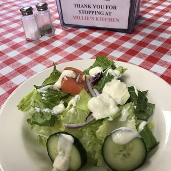 Millie's Kitchen - This is the salad served with the fish dinner. Fresh with chunky blue cheese dressing. - Pizza Near Me - Westfield, Massachusetts Millie's Kitchen - This is the salad served with the fish dinner. Fresh with chunky blue cheese dressing. - Pizza Near Me - Westfield, Massachusetts