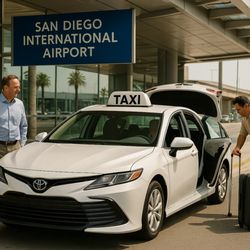 Finish Line Taxi Temecula - "finish line taxi", clean air vehicle, dropping off a passenger from Temecula California at San Diego airport