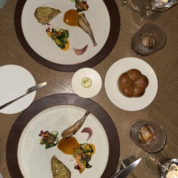 Quince - Paine farm squab cooked in the fireplace, yellowfoot chanterelle mushroom, turnip & pistachio - French Near Me - San Francisco, California Quince - Paine farm squab cooked in the fireplace, yellowfoot chanterelle mushroom, turnip & pistachio - French Near Me - San Francisco, California