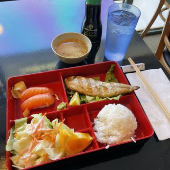 Okayama Express - 2 Item Bento (Saba and 2 Pieces Sake Nigiri Sushi) comes with miso soup, rice, and salad - Japanese Near Me - San Jose, California