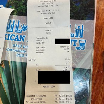 Azul Tequila - My receipt if $18.85 - Mexican Near Me - Cottondale, Alabama