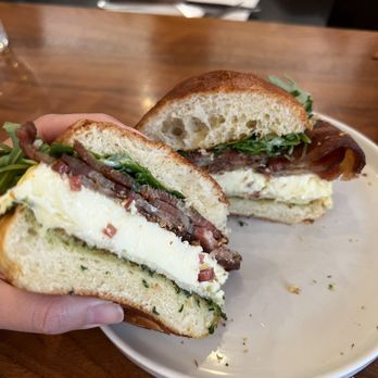 Mr West Cafe Bar Downtown - Cross Section of Brioche Breakfast Sandwich - Bars Near Me - Seattle, Washington