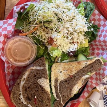 Cheese & Coffee Uptown - I got the marble rye veggie sandwich and asked them to add cream cheese to it. Also in photo is the Greek salad. - Coffee & Tea Near Me - Albuquerque, New Mexico
