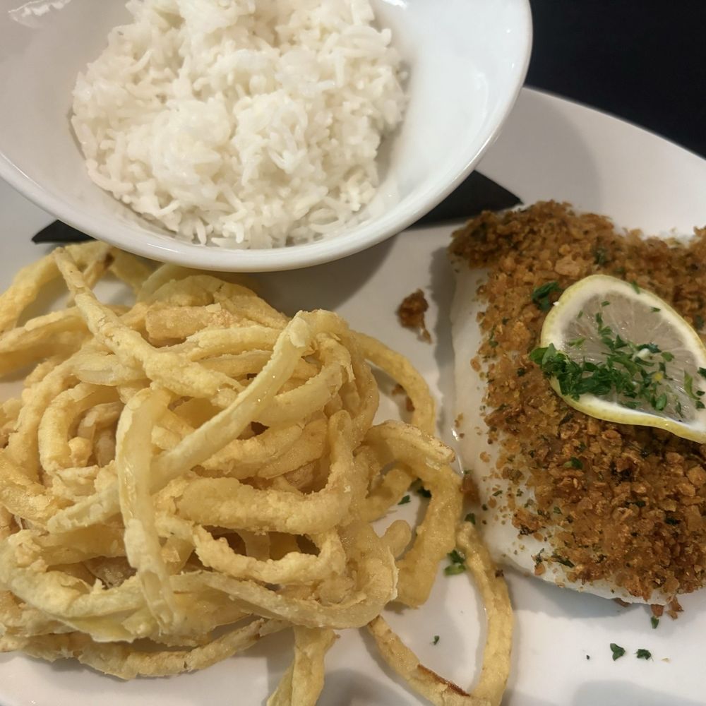 110 Grill - Baked cod with onion straws and jasmine rice - New American Near Me - Poughkeepsie, New York 110 Grill - Baked cod with onion straws and jasmine rice - New American Near Me - Poughkeepsie, New York