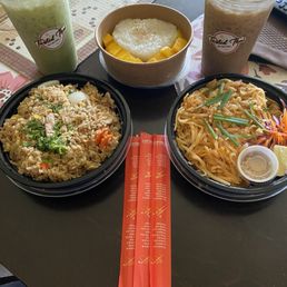 Iced green tea, iced coffee, pork pad Thai, pork fried rice, and mango sticky rice. Iced green tea, iced coffee, pork pad Thai, pork fried rice, and mango sticky rice.