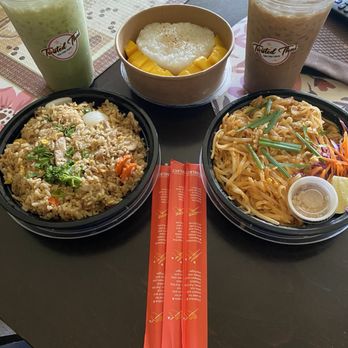 Twisted Thai Food Truck - Iced green tea, iced coffee, pork pad Thai, pork fried rice, and mango sticky rice. - Food Trucks Near Me - Madison, Alabama Twisted Thai Food Truck - Iced green tea, iced coffee, pork pad Thai, pork fried rice, and mango sticky rice. - Food Trucks Near Me - Madison, Alabama
