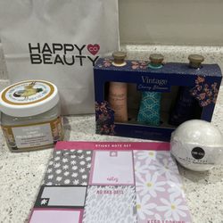 Happy Beauty - My purchase. 3pk lotions $2.99 on sale Post it's 5.99 Sugar scrub 8.99 Free both bomb "Burrfday Cake" Total $19.55
