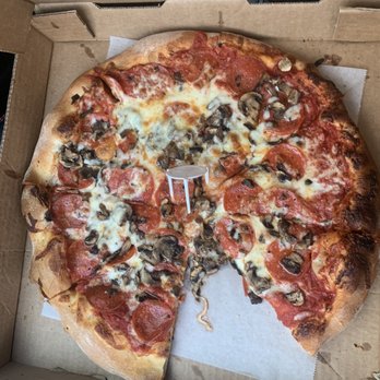 Baroni's Pizza - Pepperoni and Mushroom...minus one piece.... - Pizza Near Me - Charleston, South Carolina