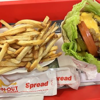 In-N-Out Burger - Fries light well and Double Double Protein style, whole grill onions, grilled onions, pickles and chilis!  Spread on the side. - Fast Food Near Me - Temecula, California