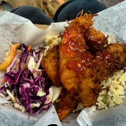 Lola's Coconut Chicken w/ coconut rice & red cabbage, jicama, mango slaw. Lola, our dog in the background, wants a taste! Lola's Coconut Chicken w/ coconut rice & red cabbage, jicama, mango slaw. Lola, our dog in the background, wants a taste!