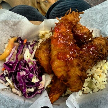 Ibiza Event Catering - Lola's Coconut Chicken w/ coconut rice & red cabbage, jicama, mango slaw. Lola, our dog in the background, wants a taste! - Caterers Near Me - Atlanta, Georgia Ibiza Event Catering - Lola's Coconut Chicken w/ coconut rice & red cabbage, jicama, mango slaw. Lola, our dog in the background, wants a taste! - Caterers Near Me - Atlanta, Georgia