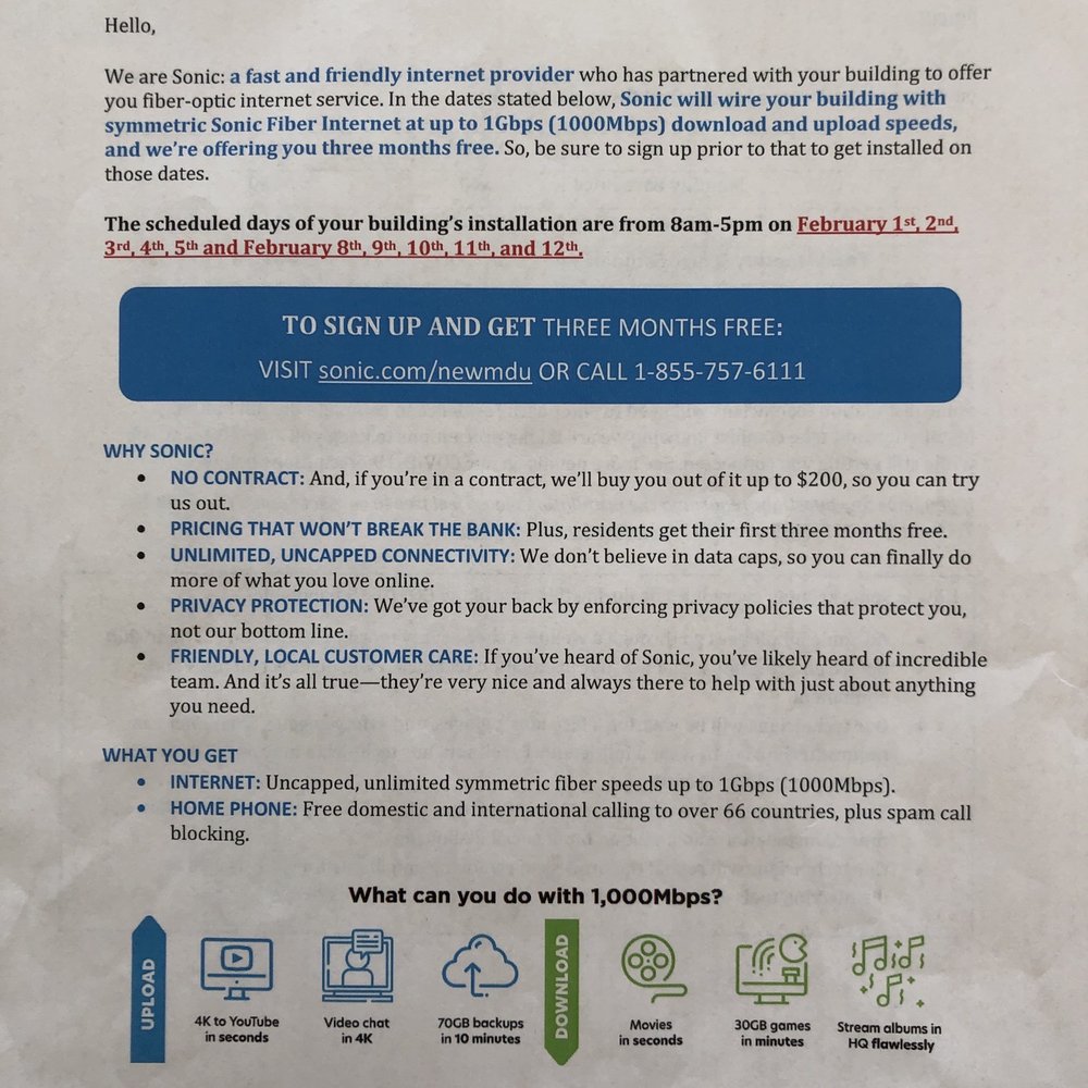Sonic - Sonic's offer flyer, page 1. - Internet Service Providers Near Me - Santa Rosa, California Sonic - Sonic's offer flyer, page 1. - Internet Service Providers Near Me - Santa Rosa, California