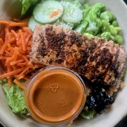 Rocket Greens & Things - Korean salad + salmon (romaine, edamame, pickled ginger, cucumber, carrot, kimchi, coriander, crispy onion)