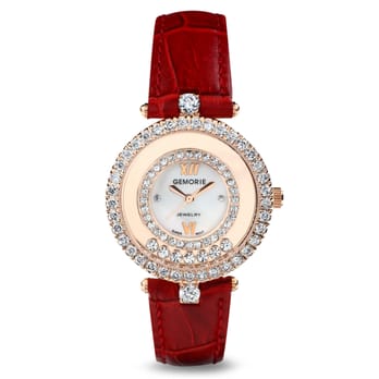 Gemorie - ''The Valentina'' - Red Genuine Leather Watch with Zirconia in 18K Rose Gold Plated Stainless Steel - Watches Near Me - Monterey Park, California
