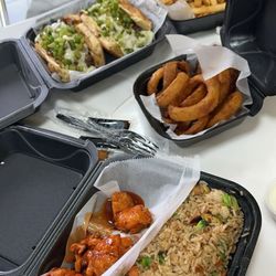 WNB Factory - We got the Rice & Wings, Onion Rings, Cheesesteak Combo, and Fries.