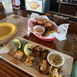 Hush puppies and lobster and crab stuffed clams.