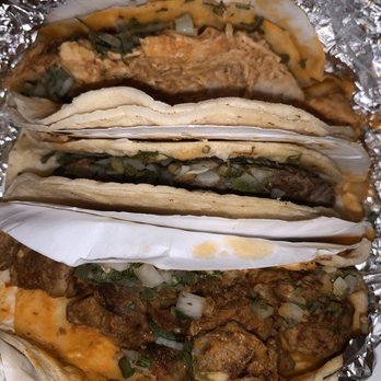 Taco Veloz - Spicy Chicken, Al Pastor, and Goat Tacos (Top to Bottom) - Tacos Near Me - Jackson Heights, New York