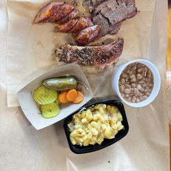 The Warehouse BBQ and Meetery - Brisket, jalapeño sausage, pork rib, beans, mac and cheese.