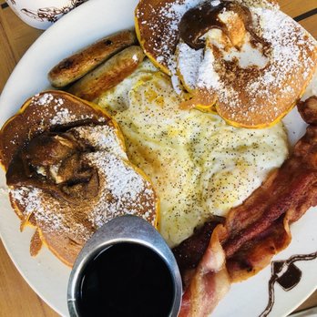 Wagon Wheel Coffee Shop - The Wheel Special w Pumpkin Pie Pancakes, 3 eggs, 2 bacon and 2 sausage. - Breakfast & Brunch Near Me - Carmel, California Wagon Wheel Coffee Shop - The Wheel Special w Pumpkin Pie Pancakes, 3 eggs, 2 bacon and 2 sausage. - Breakfast & Brunch Near Me - Carmel, California