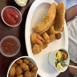 The Mason Jar  Bar & Grill - Great platter- shrimp, fish, vegetables and okra and sauces