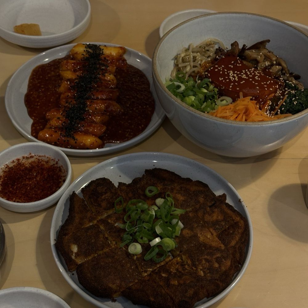 Madam - Kimchi pancake, rice cake gojugvhong, and vegetable tofu bowl. All the fix ins, too! - Korean Near Me - Stockholm, Alberta