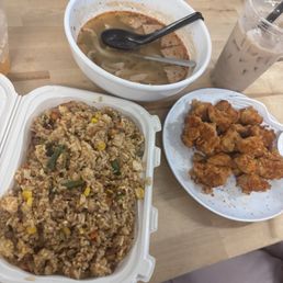 Bacon fried rice and popcorn chicken