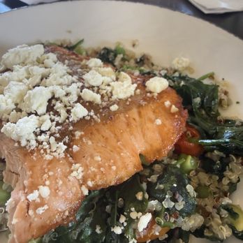 Harvey's - Salmon with quinoa, kale, tomatoes, and edamame, topped with honey vinaigrette (ask for a little extra on the side) and feta. - Breakfast & Brunch Near Me - Kansas City, Missouri Harvey's - Salmon with quinoa, kale, tomatoes, and edamame, topped with honey vinaigrette (ask for a little extra on the side) and feta. - Breakfast & Brunch Near Me - Kansas City, Missouri