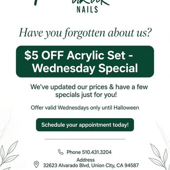 Tik Tok Nails - For all the acrylic lovers who can't part ways
We have a special just for you! Get $5 OFF your Acrylic Set every Wednesday until Halloween. - Nail Salons Near Me Tik Tok Nails - For all the acrylic lovers who can't part ways
We have a special just for you! Get $5 OFF your Acrylic Set every Wednesday until Halloween. - Nail Salons Near Me