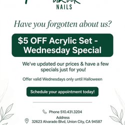 Tik Tok Nails - For all the acrylic lovers who can't part ways
We have a special just for you! Get $5 OFF your Acrylic Set every Wednesday until Halloween.