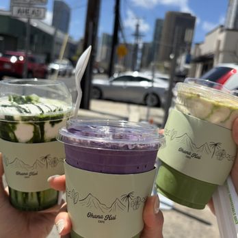 Ohana Hui Cafe - Matcha Einspanner (left), Ube Matcha (middle), Nana Matcha (right) - Coffee & Tea Near Me - Honolulu, Hawaii Ohana Hui Cafe - Matcha Einspanner (left), Ube Matcha (middle), Nana Matcha (right) - Coffee & Tea Near Me - Honolulu, Hawaii