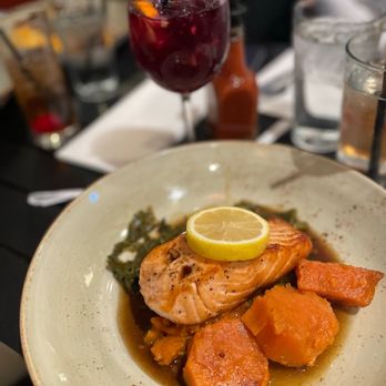 Melba's Restaurant - Salmon with candied yams and collard greens. - Southern Near Me - New York, New York Melba's Restaurant - Salmon with candied yams and collard greens. - Southern Near Me - New York, New York