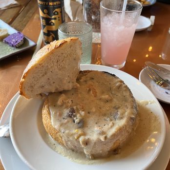 Tidewater Taphouse - Seafood bisque in a sourdough bread bowl. - New American Near Me - Seward, Alaska Tidewater Taphouse - Seafood bisque in a sourdough bread bowl. - New American Near Me - Seward, Alaska