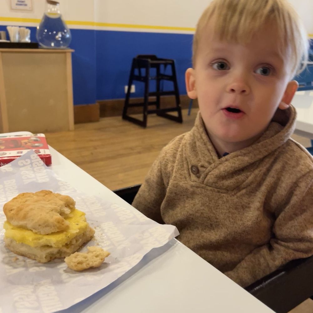 Biscuit approved by the toddler was cheese and egg. Also love a place with high chairs!! Biscuit approved by the toddler was cheese and egg. Also love a place with high chairs!!