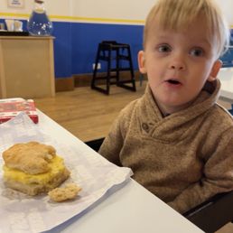 Biscuit approved by the toddler was cheese and egg.  Also love a place with high chairs!!