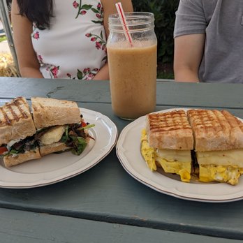 Evergreen Café - Vegan sandwich on left, egg sandwich on right side. Cali fresca smoothie in background - Cafes Near Me - Kennett Square, Pennsylvania