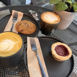 Virtue Natural Bakery - Salted chocolate chip cookie, raspberry tart, golden latte, cappuccino
