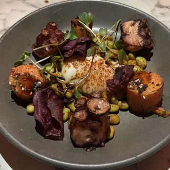 Mistu - Grilled octopus slices with edamame, roasted sweet potatoes, and a poached egg - Asian Fusion Near Me - Porto, 13