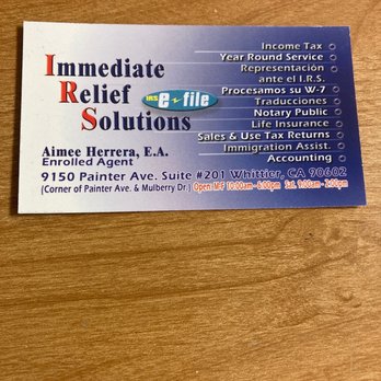 Immediate Relief Solutions - Business card - Tax Services Near Me - Whittier, California