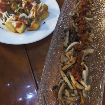 Tapa Negra - Patatas Bravas and mushrooms with spicy sausage - Spanish Near Me - Palma, PM Tapa Negra - Patatas Bravas and mushrooms with spicy sausage - Spanish Near Me - Palma, PM