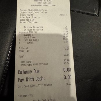 La Cabana Mexican Grill - receipt - Mexican Near Me - Hubertus, Wisconsin